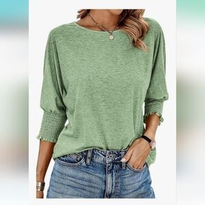 Elegant Green Blouse with Smocked Sleeves